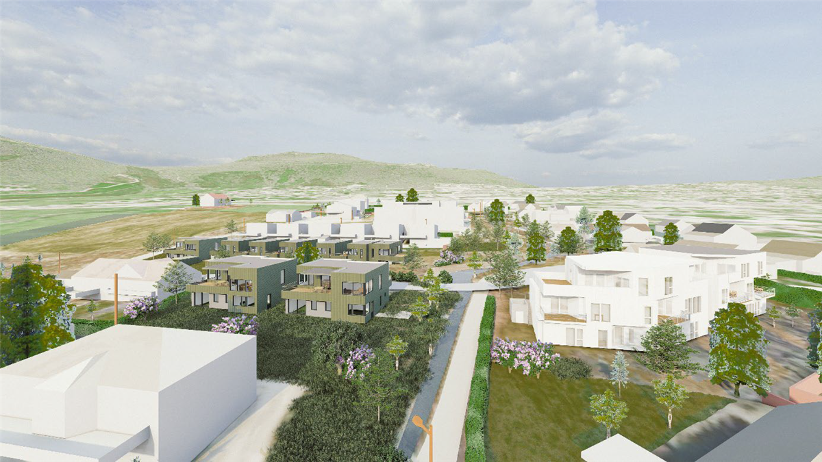 Illustrert fugleperspektiv av planområdet sett fra sør - Klikk for stort bilde