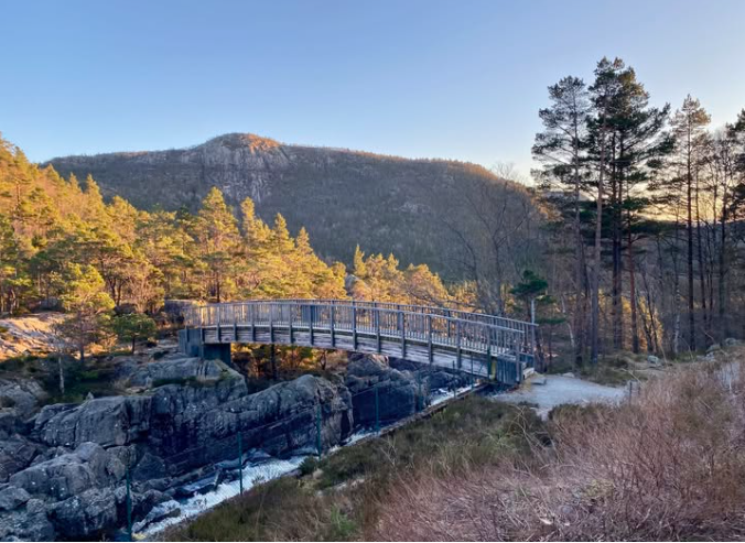 Bru som går over en elv i skogen meg fjell i bakgrunnen - Klikk for stort bilde