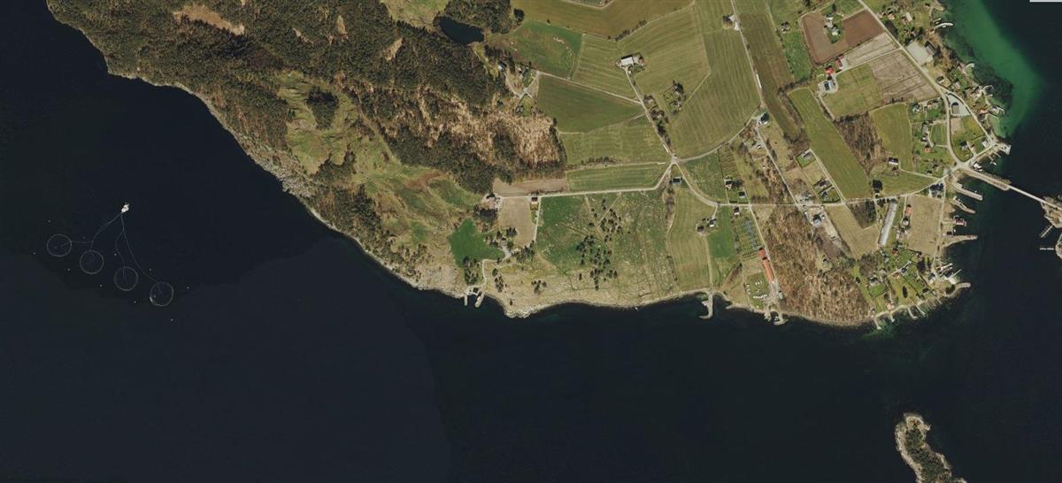 Flyfoto som viser deler av Idse og eksisterende oppdrettsanlegg - Klikk for stort bilde