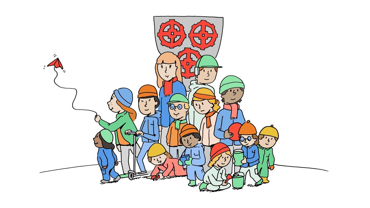 Tegning av barn og kommunevåpenet til Strand kommune - Klikk for stort bilde