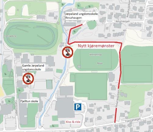 Kart som viser nytt kjøremønster via Resahaugvegen til Jørpeland ungdomsskole Resahaugen - Klikk for stort bilde